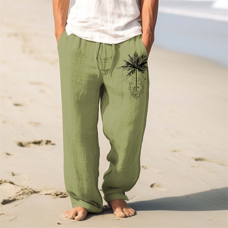 Men's Palm Tree Linen Pants Pants Trousers Baggy Pants Mid Waist Vintage Outdoor Daily Wear Streetwear Fall & Winter Black Blue Green