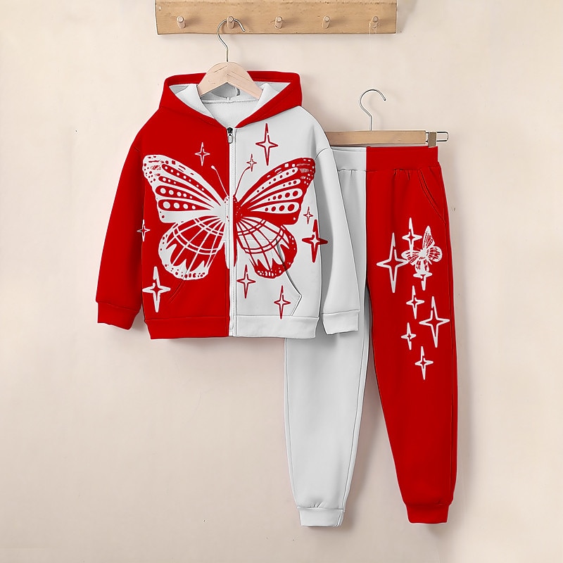 Girls' 3D Butterfly Hoodie & Sweatpants Set Long Sleeve 3D Printing Spring Fall Active Fashion Cute Kids 3-12 Years Zip Hooded Outdoor Street Regular Fit2