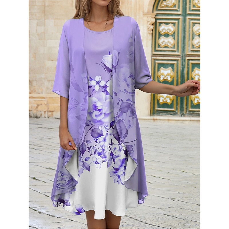 Women's Graduation Dress Midi Dress Wedding Guest Cocktail Dress Chiffon Date Casual  Elegant Two Piece Dress Set Spring Crew Neck Half Sleeve Floral Loose Fit Pink Blue Purple3