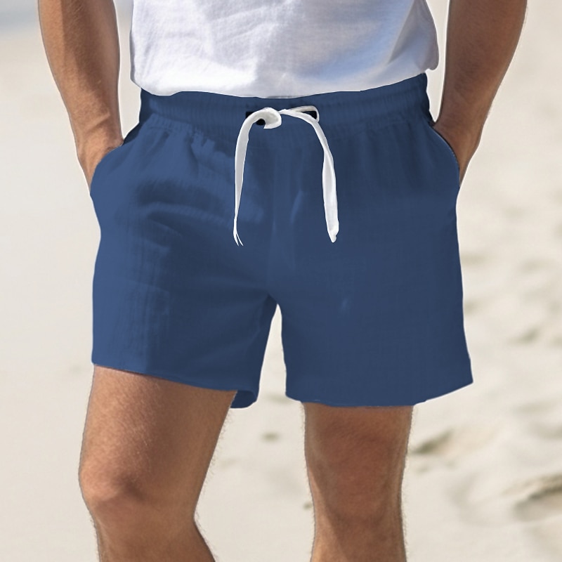 Men's Shorts Linen Shorts Summer Shorts Drawstring Pocket Elastic Waist Plain Comfort Soft Outdoor Daily Going out Fashion Casual Black White4