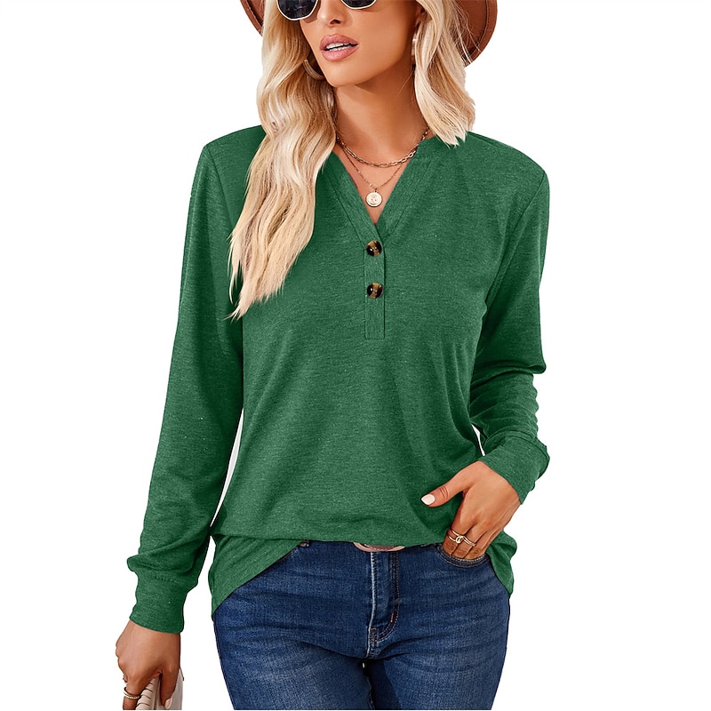 T shirt Tee Henley Shirt Women's Black White Pink Plain Button Casual Fashion V Neck Regular Fit S2