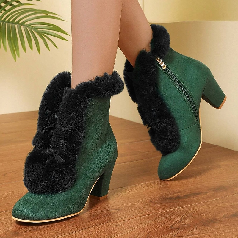Women's Victorian Green Suede Fur-Trimmed High Heel Boots with Side Zipper - Perfect for Vintage Style and Winter Fashion4