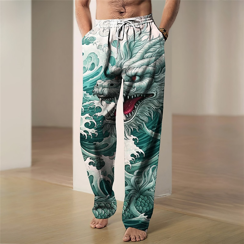 Dragon Vintage Men's 3D Print Pants Trousers Outdoor Daily Wear Streetwear Polyester Blue Brown Green S M L Medium Waist Elasticity Pants2