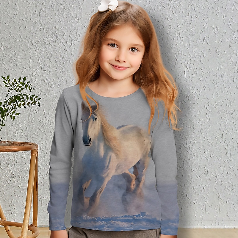 Girls' 3D Horse Tee Shirts Long Sleeve 3D Print Spring Fall Active Fashion Cute Kids 3-12 Years Crew Neck Outdoor Casual Daily Regular Fit4