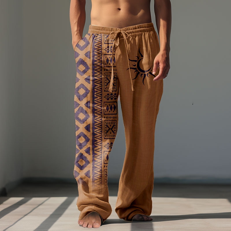 Men's Sun Tribal Linen Pants Pants Trousers Baggy Pants Mid Waist Vintage Outdoor Daily Wear Streetwear Fall & Winter Green Khaki Gray4