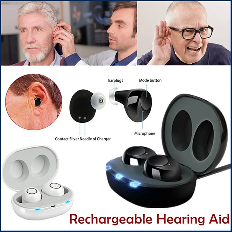 Rechargeable Invisible ITE Hearing Aid - Mini Digital Sound Amplifier with Adjustable Tone for Elderly, Hearing Loss Support