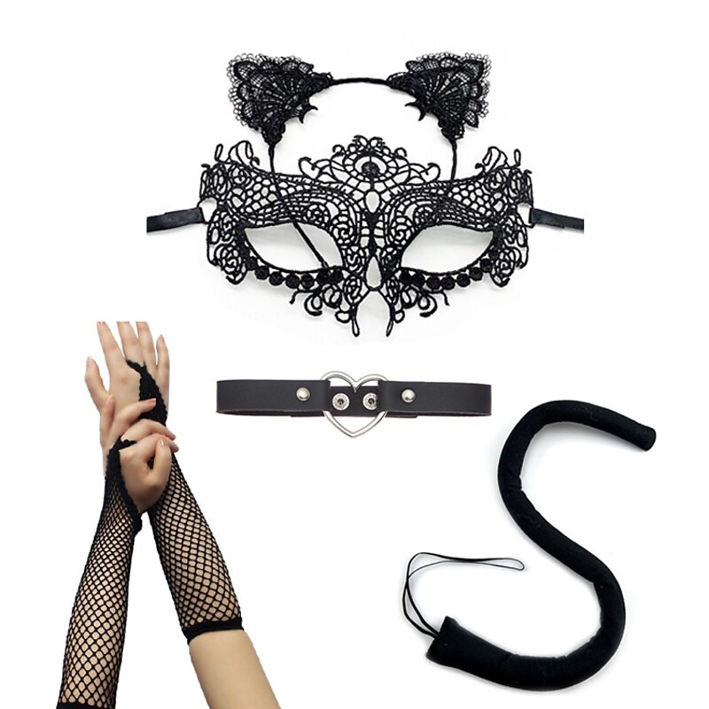Carnival  Sexy Princess Cat Dress Black Lace Mask Cat's Ears (Steamed Cat-ear Shaped Bread) Hair Hoop Dance Mask Set3