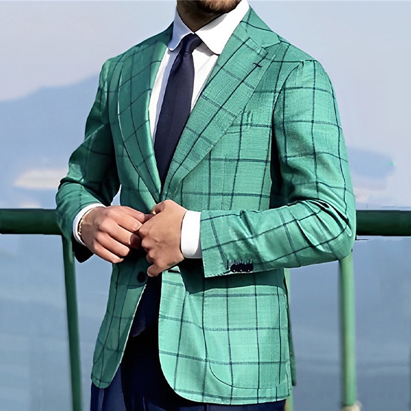 Men's Blazer Business Cocktail Party Wedding Party Fashion Casual Spring &  Fall Polyester Plaid Buttons Casual / Daily Single Breasted Blazer Green