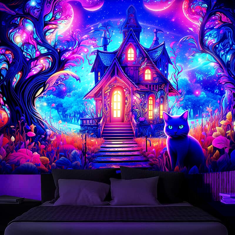Blacklight Tapestry UV Reactive Glow in the Dark Glow Party Neon Magic Castle Cat Nature Psychedelic Trippy Misty Hanging Tapestry Wall Art Mural for Living Room Bedroom2