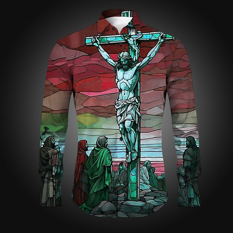 Men's Jesus Shirt Button Up Shirt Long Sleeve Vintage Artistic Daily Wear Going out Spring Turndown Print Button-Down Burgundy Navy Blue Blue Dark Green Green2