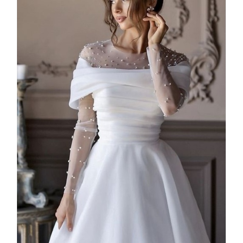 Beach Simple Wedding Dresses Formal Wedding Dresses A-Line Illusion Neck Long Sleeve Floor Length Tulle Bridal Gowns With Ruched Beading3