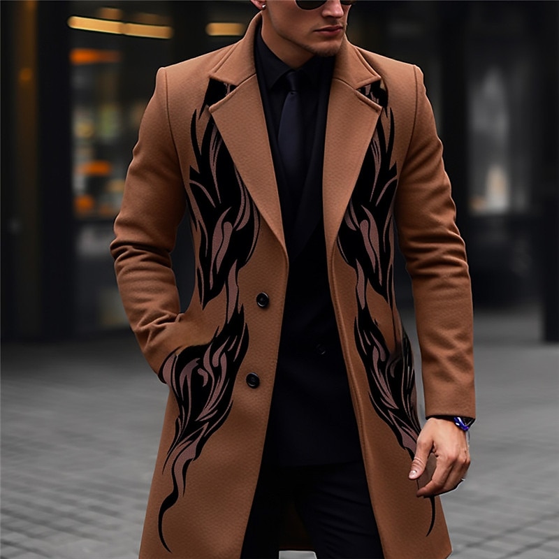 Men's Symbol Winter Coat Overcoat Coat Warm Comfortable Breathable Vintage Business Work Wear to work Going out Pocket Print Fall & Winter Turndown Long Sleeve Black Yellow Purple2