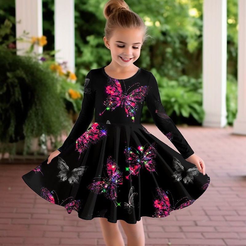 Girls' 3D Butterfly Dress Long Sleeve 3D Print Spring Fall Vacation Sports & Outdoor Daily Cute Casual Beautiful Kids 3-12 Years Casual Dress A Line Dress Above Knee Regular Fit3