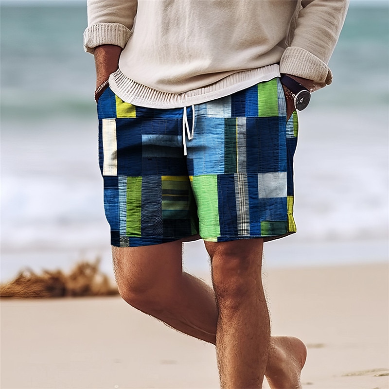 Men's Color Block Patchwork Colorful Swim Shorts Board Shorts Swimming Trunks Mid Waist Hawaiian Casual Holiday Beach Drawstring with Mesh lining Elastic Waist Designer Clothing Apparel