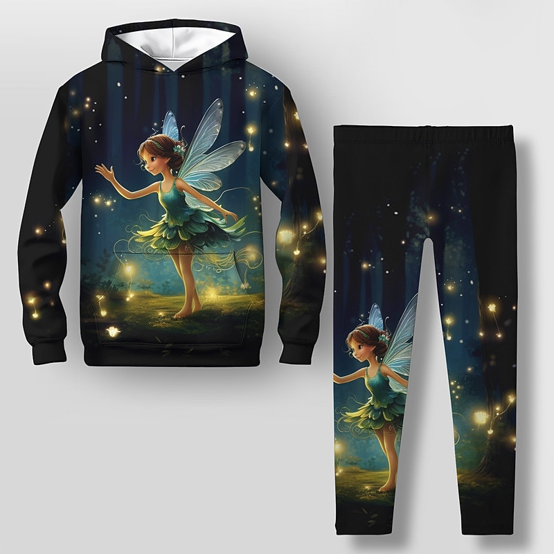 Girls' 3D Fairy Hoodie & Legging Set Long Sleeve 3D Print Fall Winter Active Fashion Daily Kids 3-12 Years Hooded Outdoor Vacation Date Regular Fit2