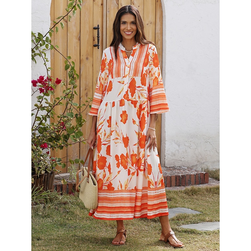 Women's Holiday Dress Loose Satin Maxi Maxi Dress Orange 3/4-Length Sleeve  flowers and plants Flower / Plants Printing Spring Spring and Summer V Neck  Stand Collar Dresses Vacation Dress Vacation - Product Details