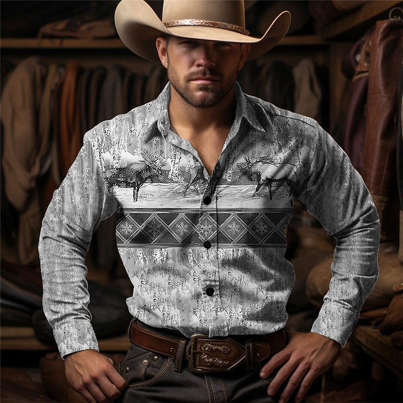 Men's Cow Shirt Western Shirt Cowboy Shirt Long Sleeve Vintage Western Style Outdoor Street Casual Daily Fall & Winter Turndown Buttons Print Blue Brown Gray3