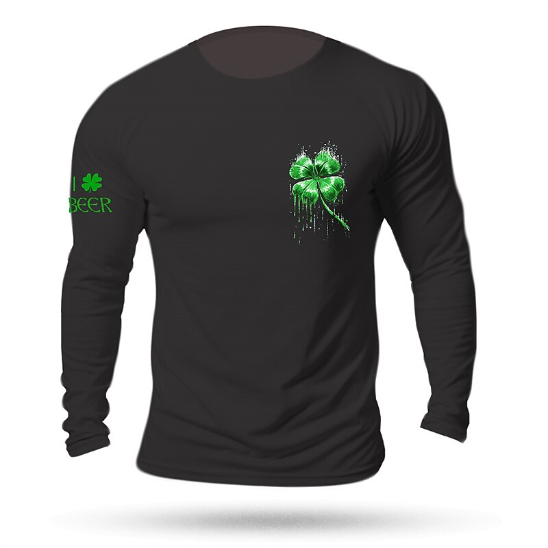 St.Patrick's Day Four Leaf Clover Saint Patrick Day Black White Dark Blue T shirt Tee Men's Graphic Cotton Shirt Vintage Basic Shirt Long Sleeve Comfortable Tee Sports Outdoor Holiday Spring Fall3