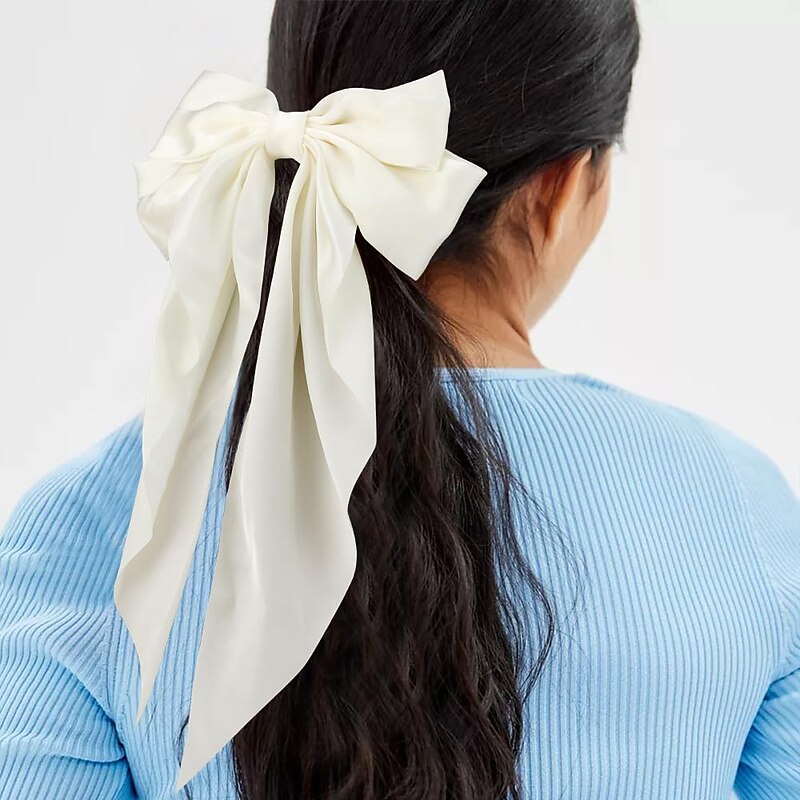 1PC Hair Bows for Women  White Hair Bow Black Hair Bow Silky Satin Hair Ribbon Oversized Long Tail Large Big Hair Bows Hair Barrettes Metal Clips4