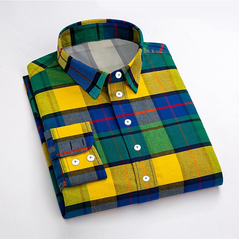 Men's Dress Shirt Plaid Shirt Collared Shirt Plaid / Check Wedding Vacation Yellow Red Blue Green Long Sleeve Turndown Spring &  Fall Clothing Apparel Button-Down2