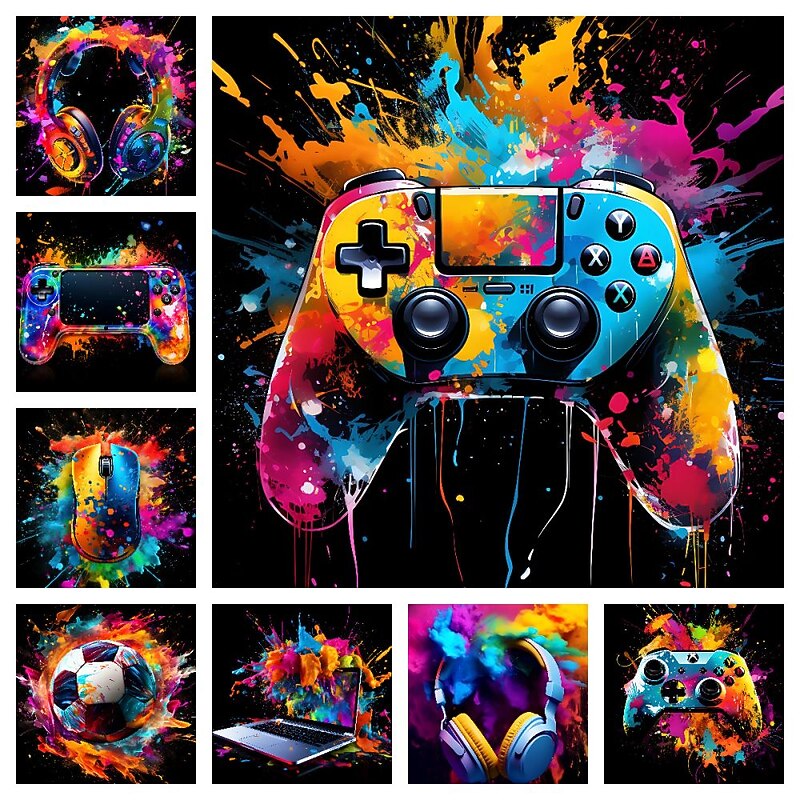 Wall Art Canvas Colorful Neon Gamer Controller Prints and Posters Pictures Decorative Fabric Painting For Living Room Pictures No Frame