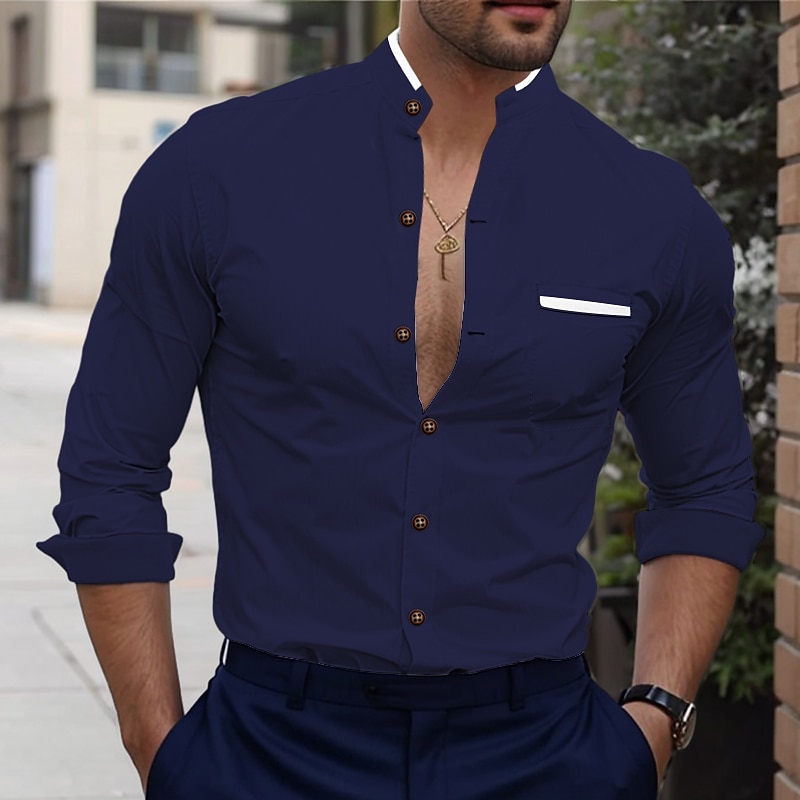 Men's Shirt Band Collar Shirt Dress Shirt Button Up Shirt Oxford Shirt Color Block Office & Career Wedding Party White Dark Blue Light Sky Blue Gray Long Sleeve Standing Collar Spring &  Fall4