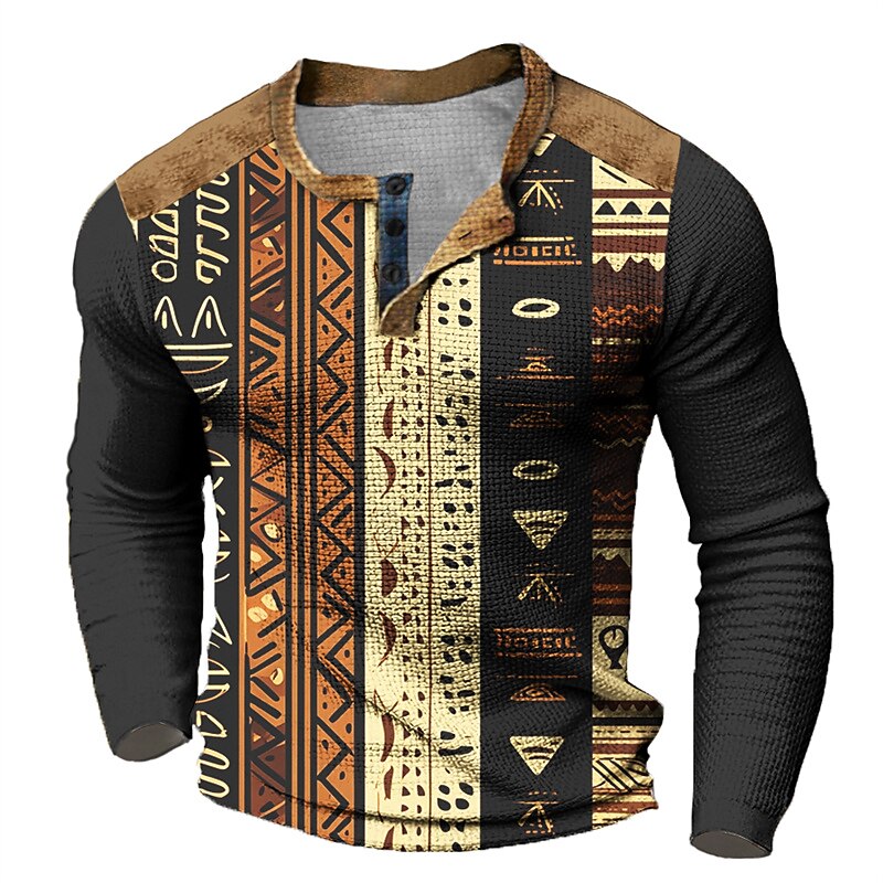 Men's Graphic Tribal Henley Shirt Waffle T Shirt Long Sleeve 3D Print Designer Casual Vintage Retro Sports Outdoor Holiday Festival Spring &  Fall Blue Red Green Khaki Gray Henley Henley T-Shirt