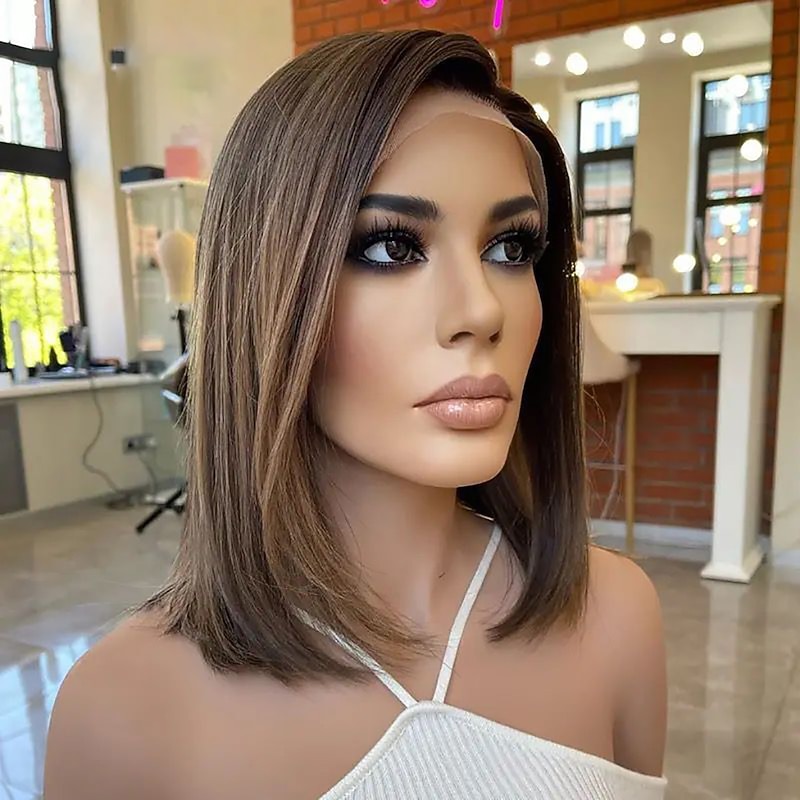 Remy Human Hair 13x4 Lace Front Wig Bob Brazilian Hair Straight Multi-color Wig 130% 150% Density Ombre Hair Highlighted / Balayage Hair Pre-Plucked For Women Short Human Hair Lace Wig4