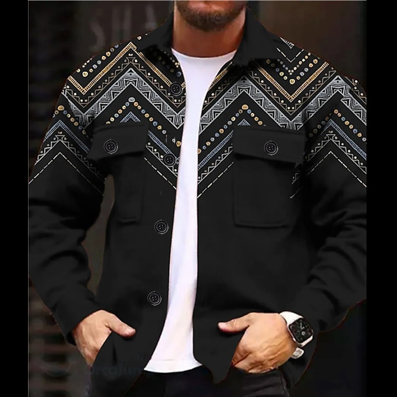 Men's Shirt Shirt Jacket Long Sleeve Vintage Daily Wear Going out Weekend Fall & Winter Turndown Pocket Print Button-Down Black Purple Green4