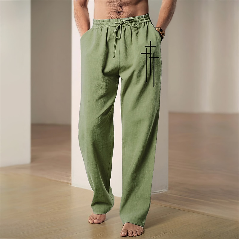 Men's Graphic Cross Faith Pants Trousers Mid Waist Casual Daily Wear Vacation Going out Spring Fall Black Blue Green2