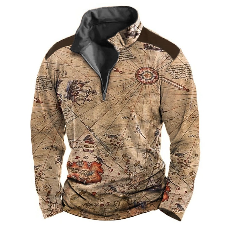 Men's Nautical Zip Polo Shirts Golf Shirt Long Sleeve Polo Shirts Collared Shirts Vintage Casual Vacation Wear Boat Wear Party Outfits 3D Print Quarter Zip Polo Spring & Summer Dark Brown Black Brown4