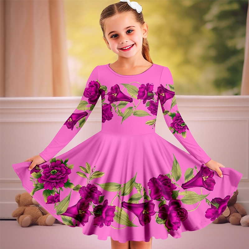 Easter Carnival Girls' 3D Floral Dress Long Sleeve 3D Print Spring Fall Vacation Sports & Outdoor Daily Cute Casual Beautiful Kids 3-12 Years Casual Dress A Line Dress Above Knee Regular Fit2