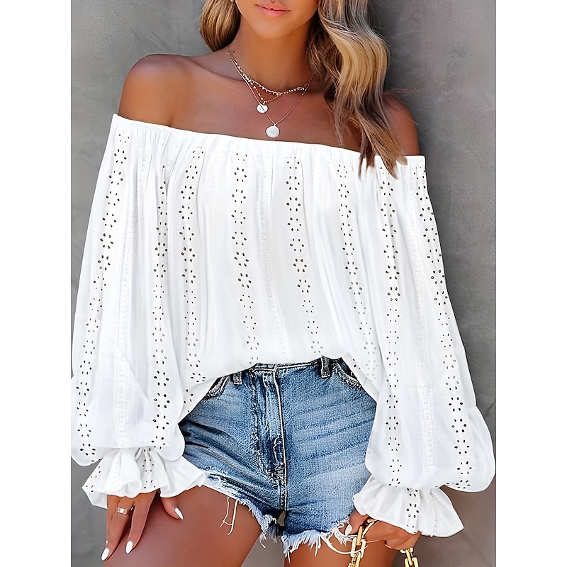 Eyelet top Women's White Plain Off Shoulder Cut Out Going out Independence Day Fashion Daily Off Shoulder Regular Fit Lantern Sleeve S