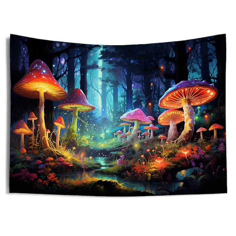 Blacklight Tapestry UV Reactive Glow in the Dark Glow Party Neon Mushroom Forest Psychedelic Trippy Misty Hanging Tapestry Wall Art Mural for Living4