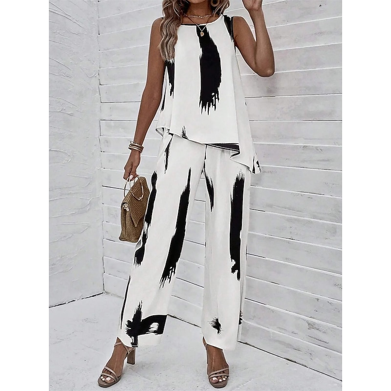 Women's 2 Pieces Fashion Daily Tank Top Pants Sets Wide Leg Pants Trousers Sleeveless Round Neck Graphic Print Casual Daily White Summer Regular Fit
