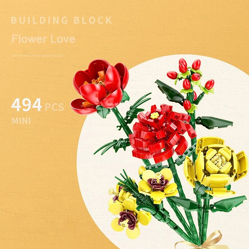 Women's Day Gifts Flower Rose Bouquet Building Kit with Cover Display Box Diy Flower Botanical Collection Building Blocks Bricks Desk Home Mother's Day Gifts for MoM