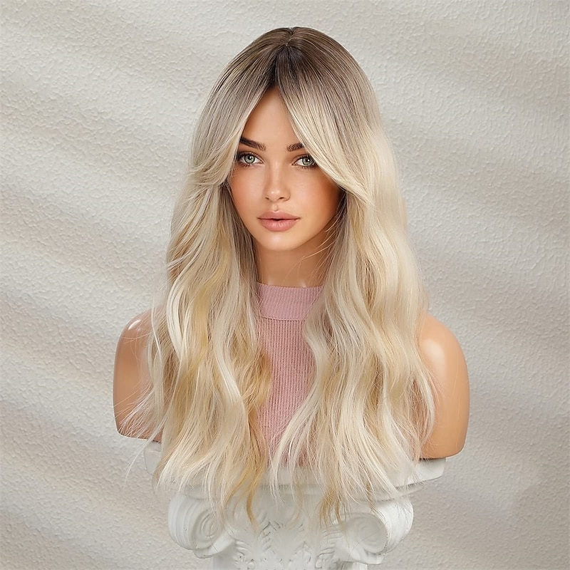 Long Blonde Wig with Bangs Long Curly Wavy Blonde Wig for Women Mixed Blonde Long Synthetic Wig4