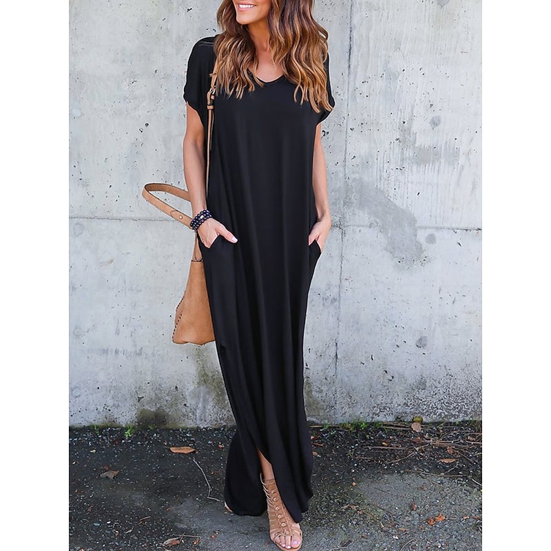 Women's Casual Dress Long Dress Maxi Dress Cotton Pocket Split Date Maxi Basic V Neck Short Sleeve Black White Pink Color 14