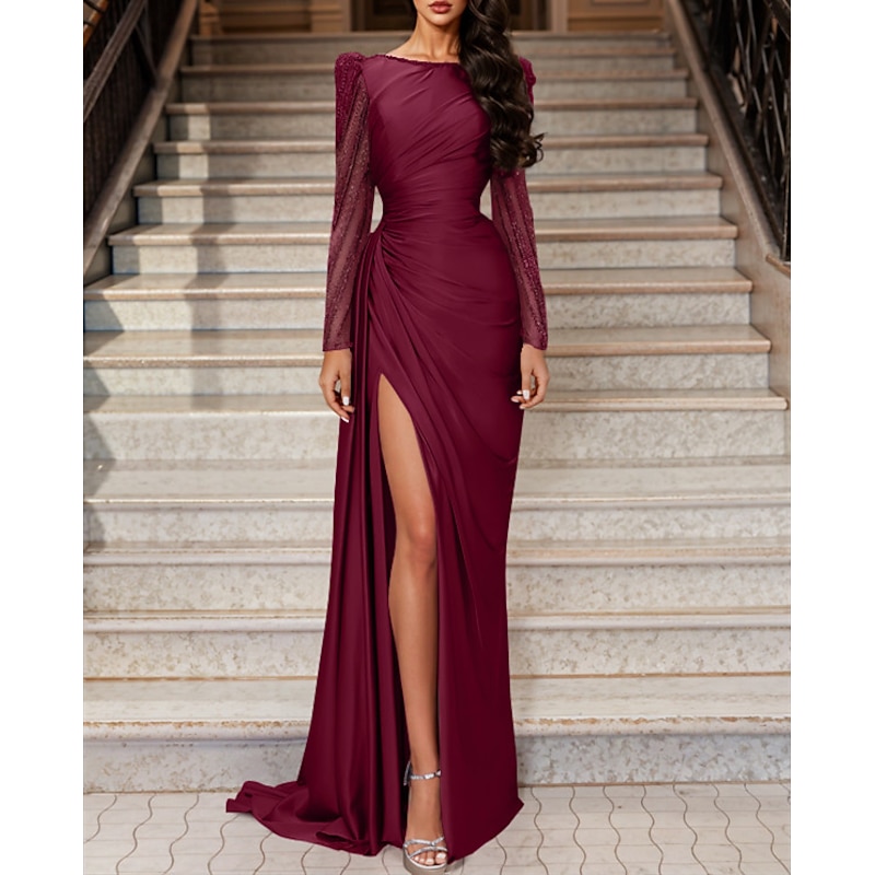 Mermaid Evening Gown Elegant Dress Wedding Guest Black Tie Sweep / Brush Train Long Sleeve Jewel Neck Satin with Ruched Slit Masquerade Dress2