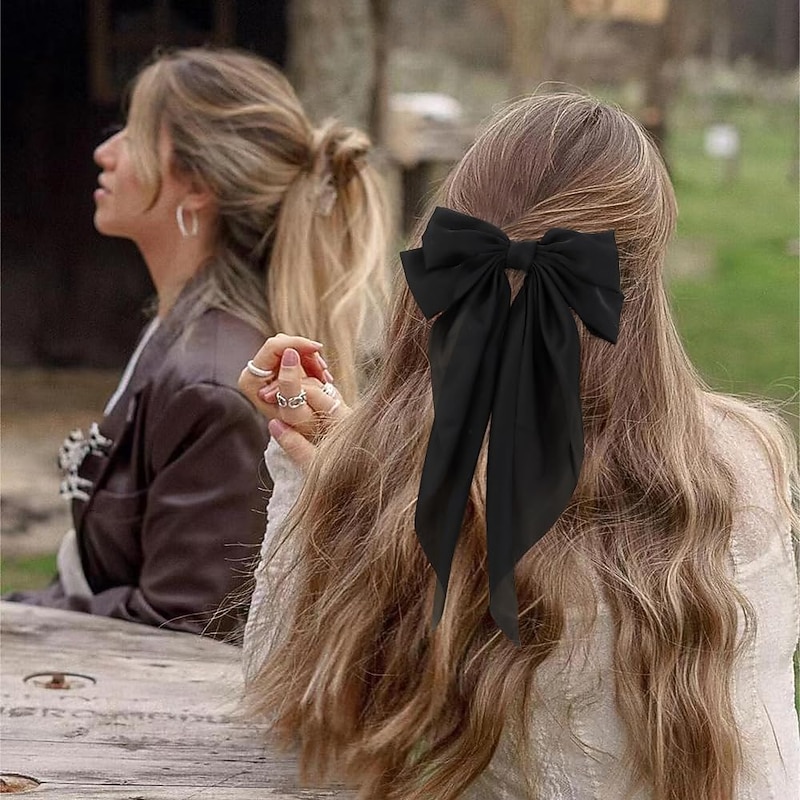 1PC Hair Bows for Women  White Hair Bow Black Hair Bow Silky Satin Hair Ribbon Oversized Long Tail Large Big Hair Bows Hair Barrettes Metal Clips3