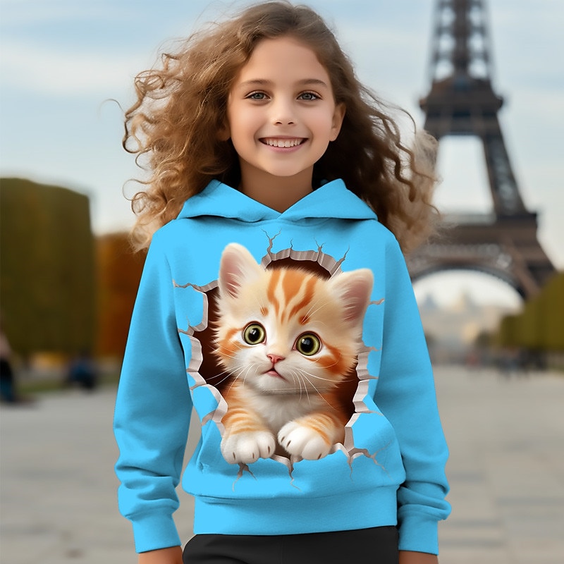 Girls' 3D Cartoon Cat Hoodie Pullover Pink Long Sleeve 3D Print Spring Fall Active Fashion Cute Kids 3-12 Years Hooded Outdoor Casual Daily Regular Fit