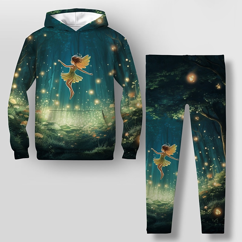 Girls' 3D Fairy Hoodie & Legging Set Long Sleeve 3D Print Fall Winter Active Fashion Daily Kids 3-12 Years Hooded Outdoor Vacation Date Regular Fit4
