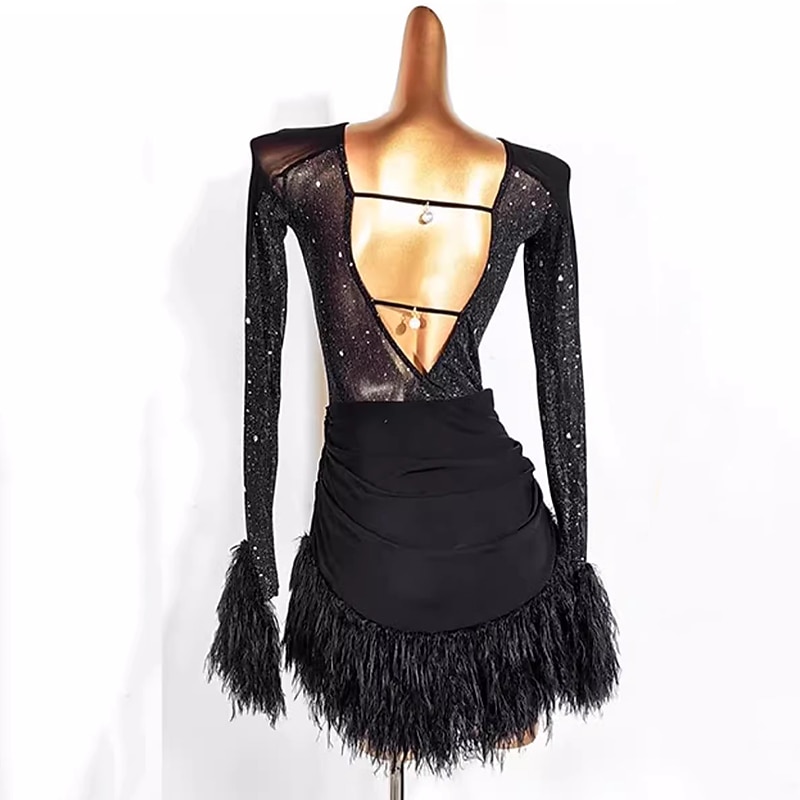 Dance Salsa Latin Dance Dress Tassel Pure Color Splicing Women's Performance Training Long Sleeve Mesh Stretch Yarn2