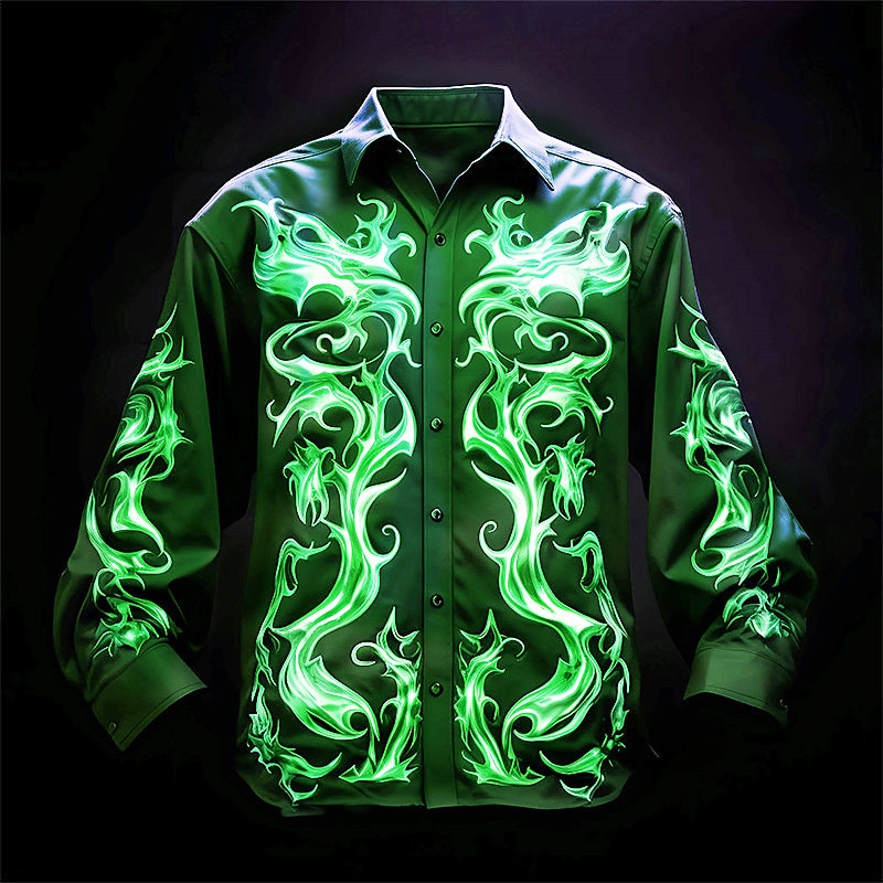 Men's Flame Shirt Button Up Shirt Long Sleeve Artistic Abstract Daily Wear Going out Fall & Winter Turndown Print Button-Down Purple Fuchsia Green3