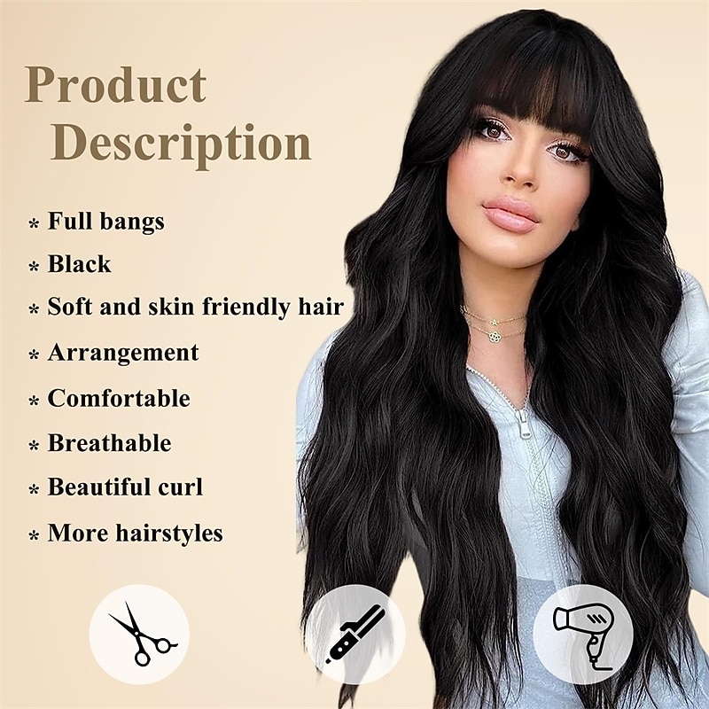 Black Wig with Bangs for Women Long Wavy Hair Wig Black Wig Curly Wavy Synthetic Wigs for Girls Daily Party Use2