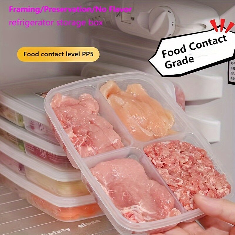 2pcs Refrigerator Storage Box Four Sections Divided Food Crisper Food Grade Sealed Box Food Meat Frozen Box Onion Ginger Garlic Prepared Vegetables Refrigerated Crisper Box Kitchen Supplies