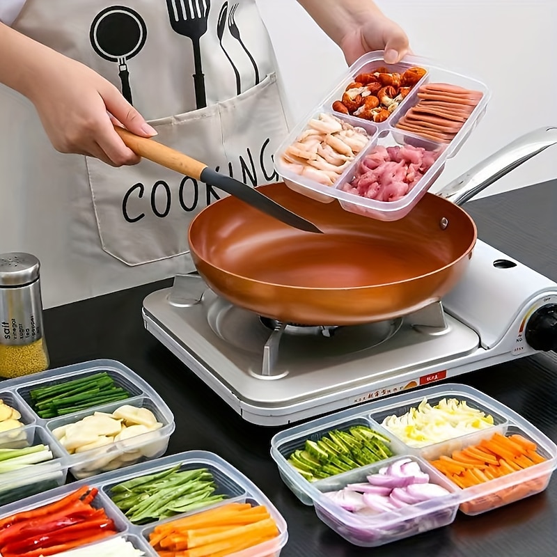 2pcs Refrigerator Storage Box Four Sections Divided Food Crisper Food Grade Sealed Box Food Meat Frozen Box Onion Ginger Garlic Prepared Vegetables Refrigerated Crisper Box Kitchen Supplies3