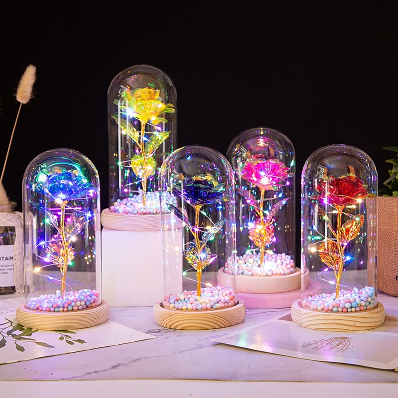 Women's Day Gifts Colored Gold Glass Cover Gold Foil Rose Creative Festival And Valentine's Day Gift Simulation Of Eternal Dry Flower Bouquet Mother's Day Gifts for MoM