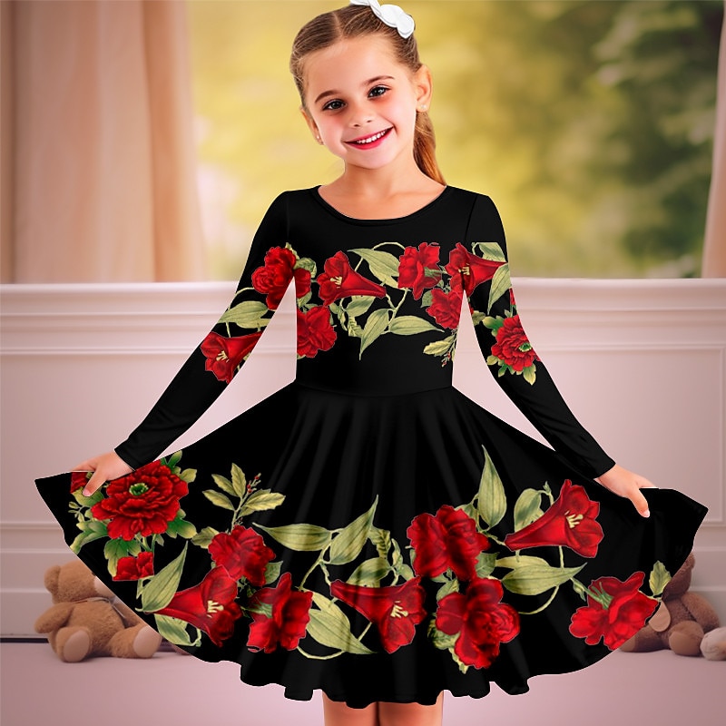 Easter Carnival Girls' 3D Floral Dress Long Sleeve 3D Print Spring Fall Vacation Sports & Outdoor Daily Cute Casual Beautiful Kids 3-12 Years Casual Dress A Line Dress Above Knee Regular Fit3