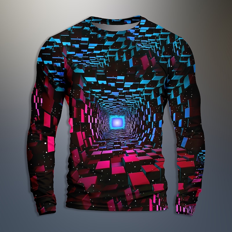 Men's Graphic Geometric Optical Illusion Visual Deception Long Sleeve T shirt 3D Print Crew Neck Shirt Daily Designer Artistic Party Casual Holiday Blue Dark Green Purple Fall Spring & Summer